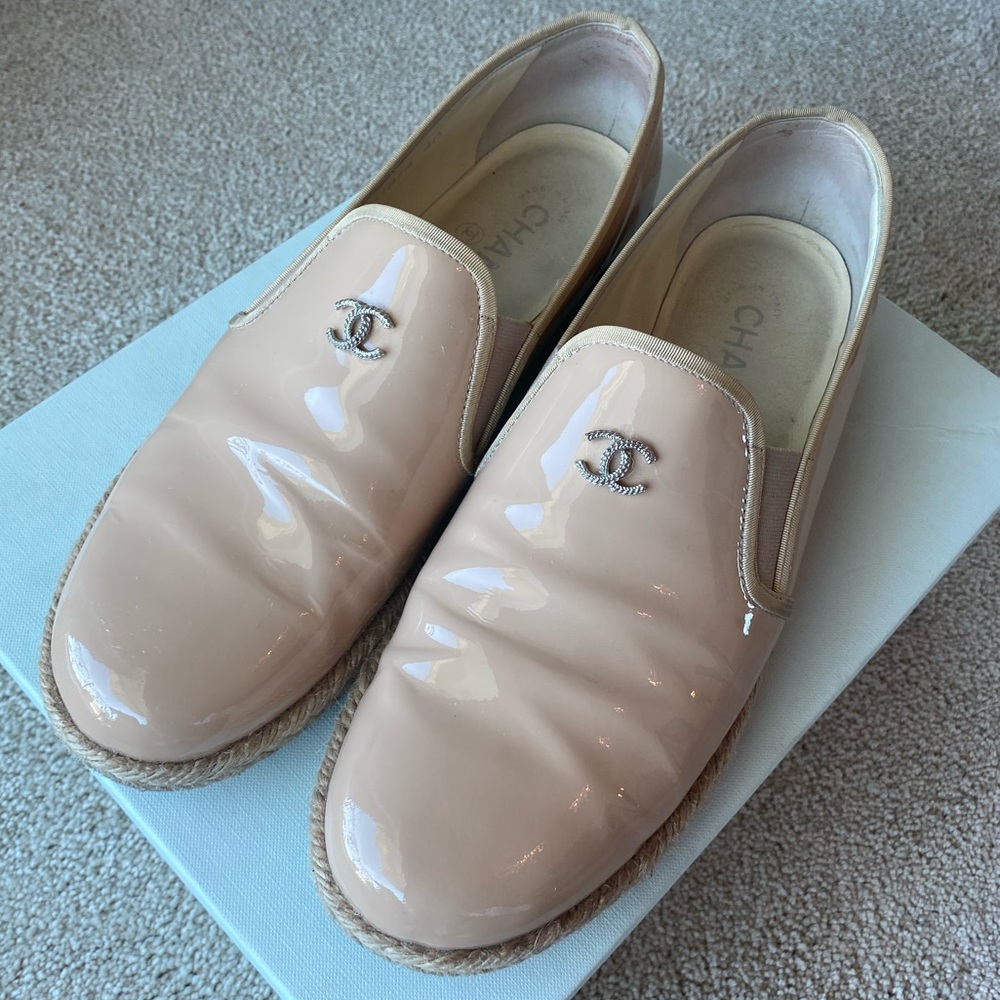Chanel Beige Patent CC Loafer Espadrilles, Size 9
